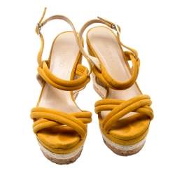 Pre Owned Jimmy Choo Orange Suede Nomad Strappy Espadrilles Wedge Sandals Size 37.5