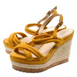 Pre Owned Jimmy Choo Orange Suede Nomad Strappy Espadrilles Wedge Sandals Size 37.5