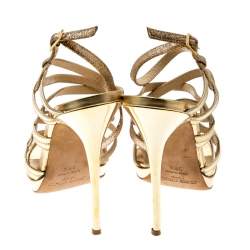 Pre Owned Jimmy Choo Metallic Gold Glitter And Leather Dart Strappy Sandals Size 39.5