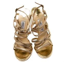 Pre Owned Jimmy Choo Metallic Gold Glitter And Leather Dart Strappy Sandals Size 39.5