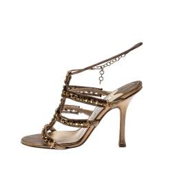 Pre Owned Jimmy Choo Gold Metallic Leather And Jewel Embellished Strappy Sandals Size 35