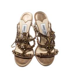 Pre Owned Jimmy Choo Gold Metallic Leather And Jewel Embellished Strappy Sandals Size 35