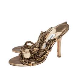 Pre Owned Jimmy Choo Gold Metallic Leather And Jewel Embellished Strappy Sandals Size 35