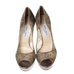 Jimmy Choo Metallic Bronze Lace Dahlia Peep Toe Pumps Size 40