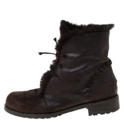 مملوكة مسبقًا Jimmy Choo Dark Brown Leather and Fur Lace Ankle Boots Size 38.5