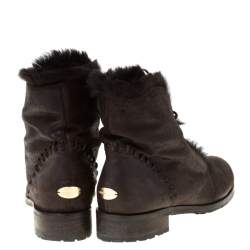 مملوكة مسبقًا Jimmy Choo Dark Brown Leather and Fur Lace Ankle Boots Size 38.5