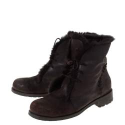 مملوكة مسبقًا Jimmy Choo Dark Brown Leather and Fur Lace Ankle Boots Size 38.5