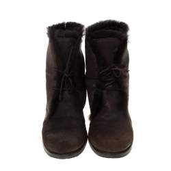 مملوكة مسبقًا Jimmy Choo Dark Brown Leather and Fur Lace Ankle Boots Size 38.5