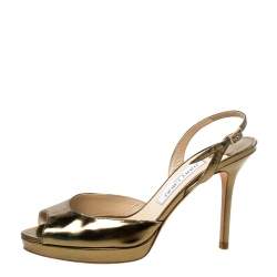 Pre Owned Jimmy Choo Gold Patent Leather Peep toe Slingback Sandals Size 38
