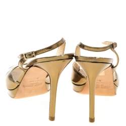 Pre Owned Jimmy Choo Gold Patent Leather Peep toe Slingback Sandals Size 38