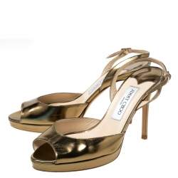 Pre Owned Jimmy Choo Gold Patent Leather Peep toe Slingback Sandals Size 38
