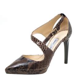 Jimmy Choo Brown Python Leather Cross Strap Pointed Toe Sandals Size 37.5