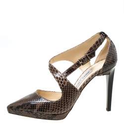 Jimmy Choo Brown Python Leather Cross Strap Pointed Toe Sandals Size 37.5
