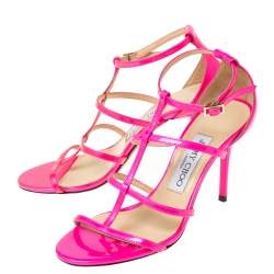 Jimmy Choo Neon Pink Patent Leather Thistle Open Toe Sandals Size 35