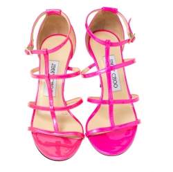 Jimmy Choo Neon Pink Patent Leather Thistle Open Toe Sandals Size 35