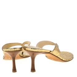 Jimmy Choo Gold Textured Leather Thong Wooden Heel Sandals Size 39.5