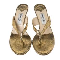 Jimmy Choo Gold Textured Leather Thong Wooden Heel Sandals Size 39.5