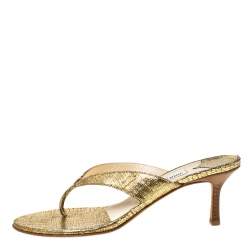 Jimmy Choo Gold Textured Leather Thong Wooden Heel Sandals Size 39.5