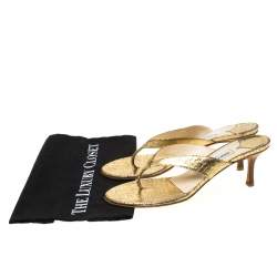 Jimmy Choo Gold Textured Leather Thong Wooden Heel Sandals Size 39.5