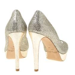 Pre Owned Jimmy Choo Gold Glitter Fabric Dahlia Platform Peep Toe Pumps Size 36