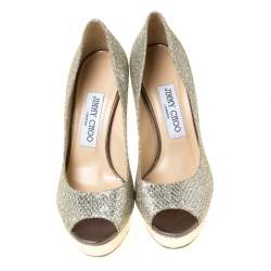 Pre Owned Jimmy Choo Gold Glitter Fabric Dahlia Platform Peep Toe Pumps Size 36