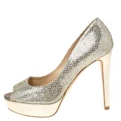 Pre Owned Jimmy Choo Gold Glitter Fabric Dahlia Platform Peep Toe Pumps Size 36