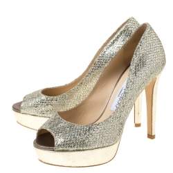 Pre Owned Jimmy Choo Gold Glitter Fabric Dahlia Platform Peep Toe Pumps Size 36