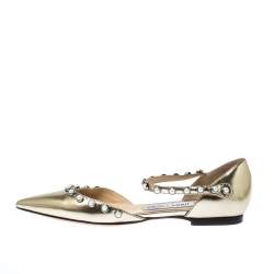 Pre Owned Jimmy Choo Gold Pearl Embellished Patent Leather Leema Pointed Toe Flats Size 35