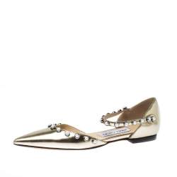 Pre Owned Jimmy Choo Gold Pearl Embellished Patent Leather Leema Pointed Toe Flats Size 35