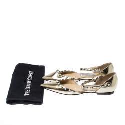 Pre Owned Jimmy Choo Gold Pearl Embellished Patent Leather Leema Pointed Toe Flats Size 35