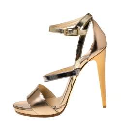 Pre Owned Jimmy Choo Gold/Silver Patent Leather Open Toe Ankle Strap Sandals Size 41