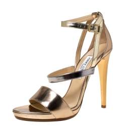 Pre Owned Jimmy Choo Gold/Silver Patent Leather Open Toe Ankle Strap Sandals Size 41
