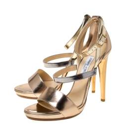 Pre Owned Jimmy Choo Gold/Silver Patent Leather Open Toe Ankle Strap Sandals Size 41