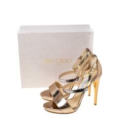Pre Owned Jimmy Choo Gold/Silver Patent Leather Open Toe Ankle Strap Sandals Size 41
