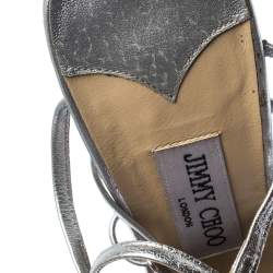 Pre Owned Jimmy Choo Metallic Silver Leather Embellished Ankle Strap Sandals Size 37