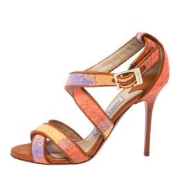 Pre Owned Jimmy Choo Multicolour Raffia And Leather Trim Strappy Sandals Size 35