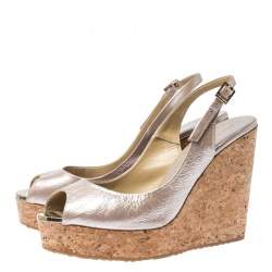 Pre Owned Jimmy Choo Beige Crackled Leather Cork Wedge Slingback Platform Sandals Size 42