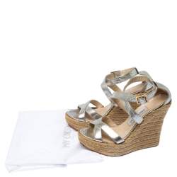 Pre Owned Jimmy Choo Silver Texture Patent Leather Porto Espadrille Wedge Sandals Size 37