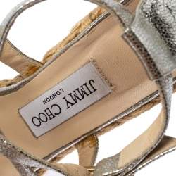 Pre Owned Jimmy Choo Silver Texture Patent Leather Porto Espadrille Wedge Sandals Size 37