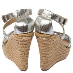 Pre Owned Jimmy Choo Silver Texture Patent Leather Porto Espadrille Wedge Sandals Size 37