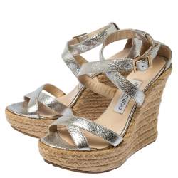 Pre Owned Jimmy Choo Silver Texture Patent Leather Porto Espadrille Wedge Sandals Size 37