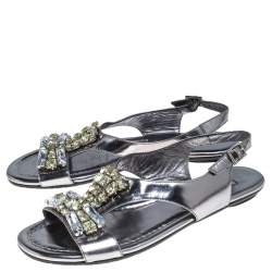 Jimmy Choo Silver Metallic Crystal Embellished Patent Leather Slingback Flat Sandals Size 36
