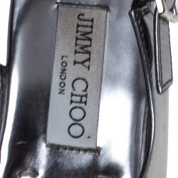 Jimmy Choo Silver Metallic Crystal Embellished Patent Leather Slingback Flat Sandals Size 36