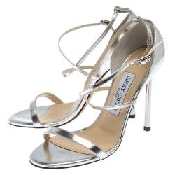 Pre Owned Jimmy Choo Silver Patent Leather Hesper Ankle Strap Sandals Size 36