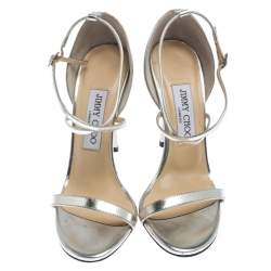 Pre Owned Jimmy Choo Silver Patent Leather Hesper Ankle Strap Sandals Size 36
