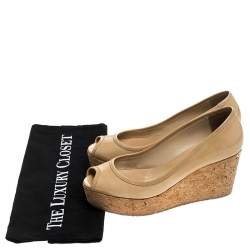 Pre Owned Jimmy Choo Beige Patent Leather Cork Wedge Papina Pumps Size 36