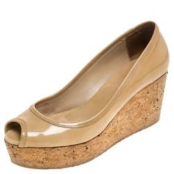 Pre Owned Jimmy Choo Beige Patent Leather Cork Wedge Papina Pumps Size 36