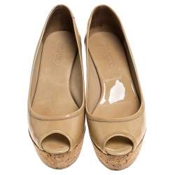 Pre Owned Jimmy Choo Beige Patent Leather Cork Wedge Papina Pumps Size 36