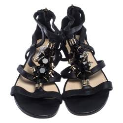 Jimmy Choo Black Crystal Embellished Leather Caged Flat Sandals Size 38