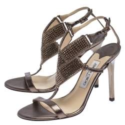 Jimmy Choo Metallic Bronze Leather Crystal Embellished Ankle Strap Sandals Size 36.5